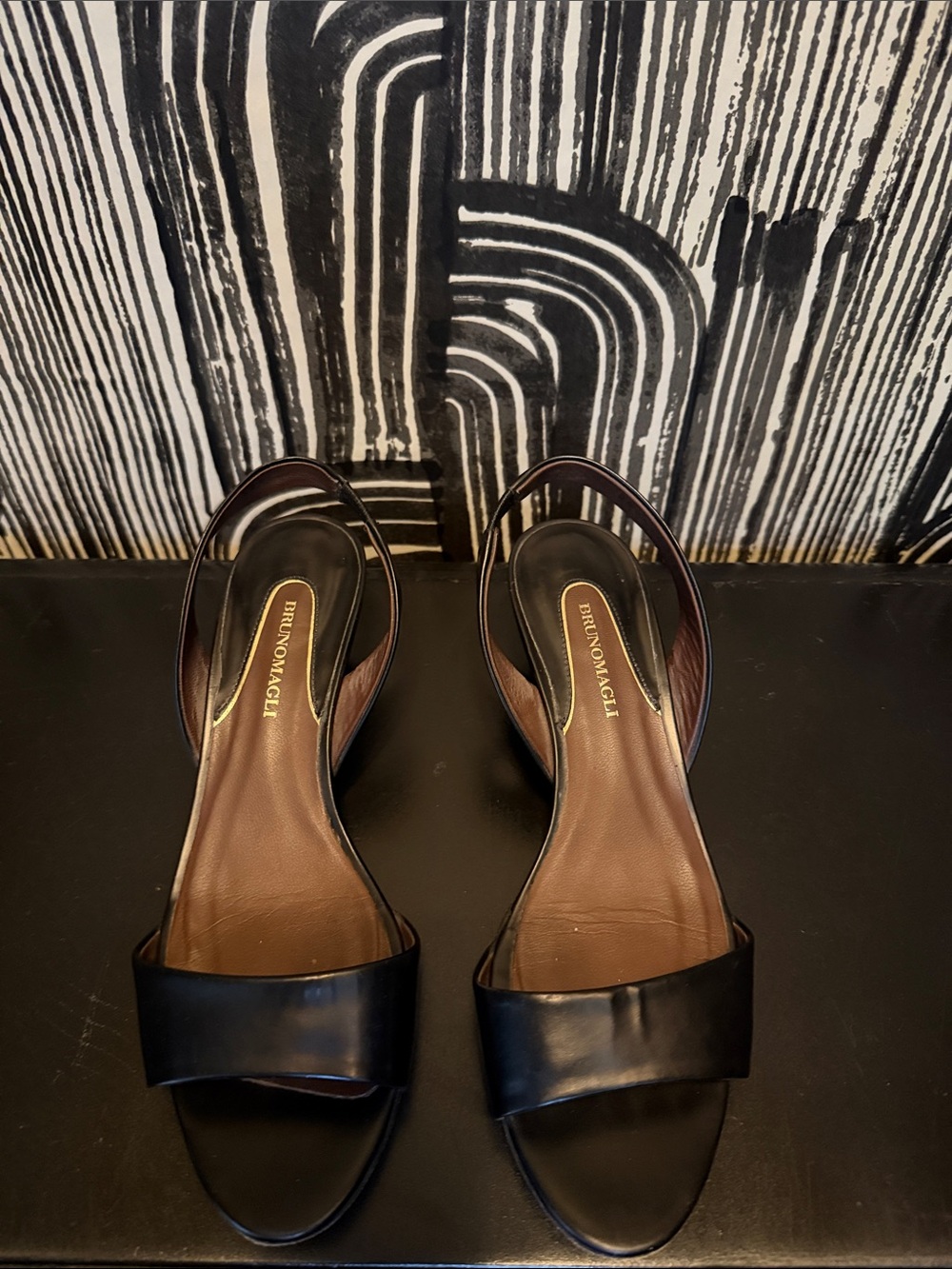 Bruno Magli Black Leather Open-Toe Slingback Sandals